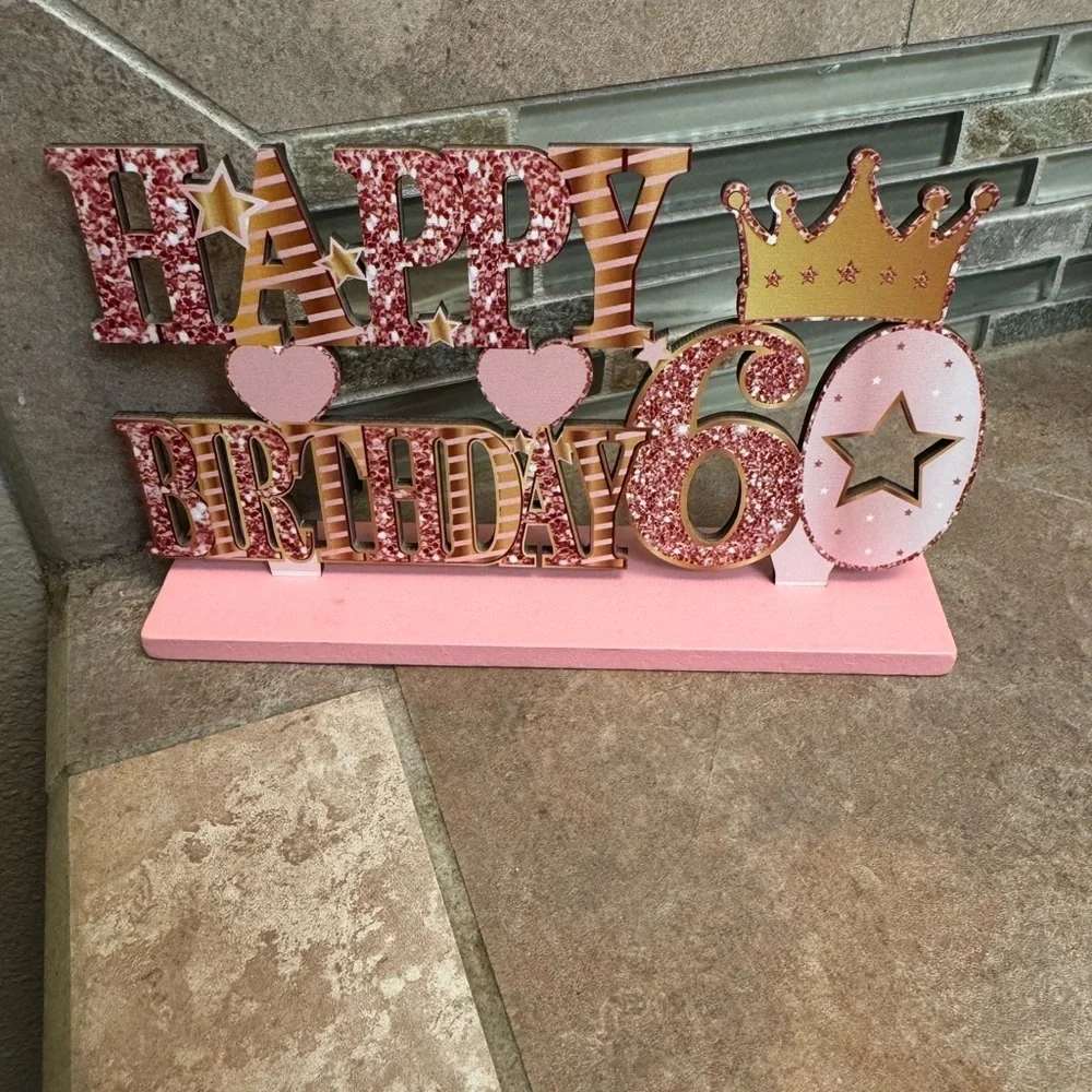 60th Birthday Pink Rose Gold Happy Birthday Party Wood Glitter Centerpieces EUC